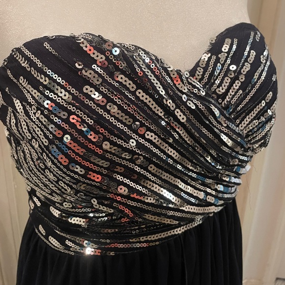 My Michelle Navy party dress sequin strapless top sheer hi low skirt - Picture 2 of 9